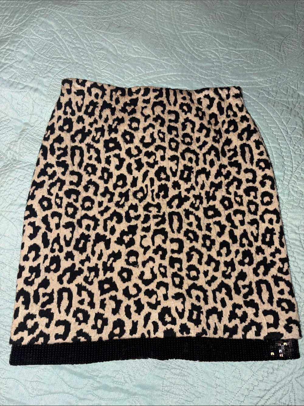Leopard Print Jacob Ribkoff Pencil Skirt with Black Sequin Trim